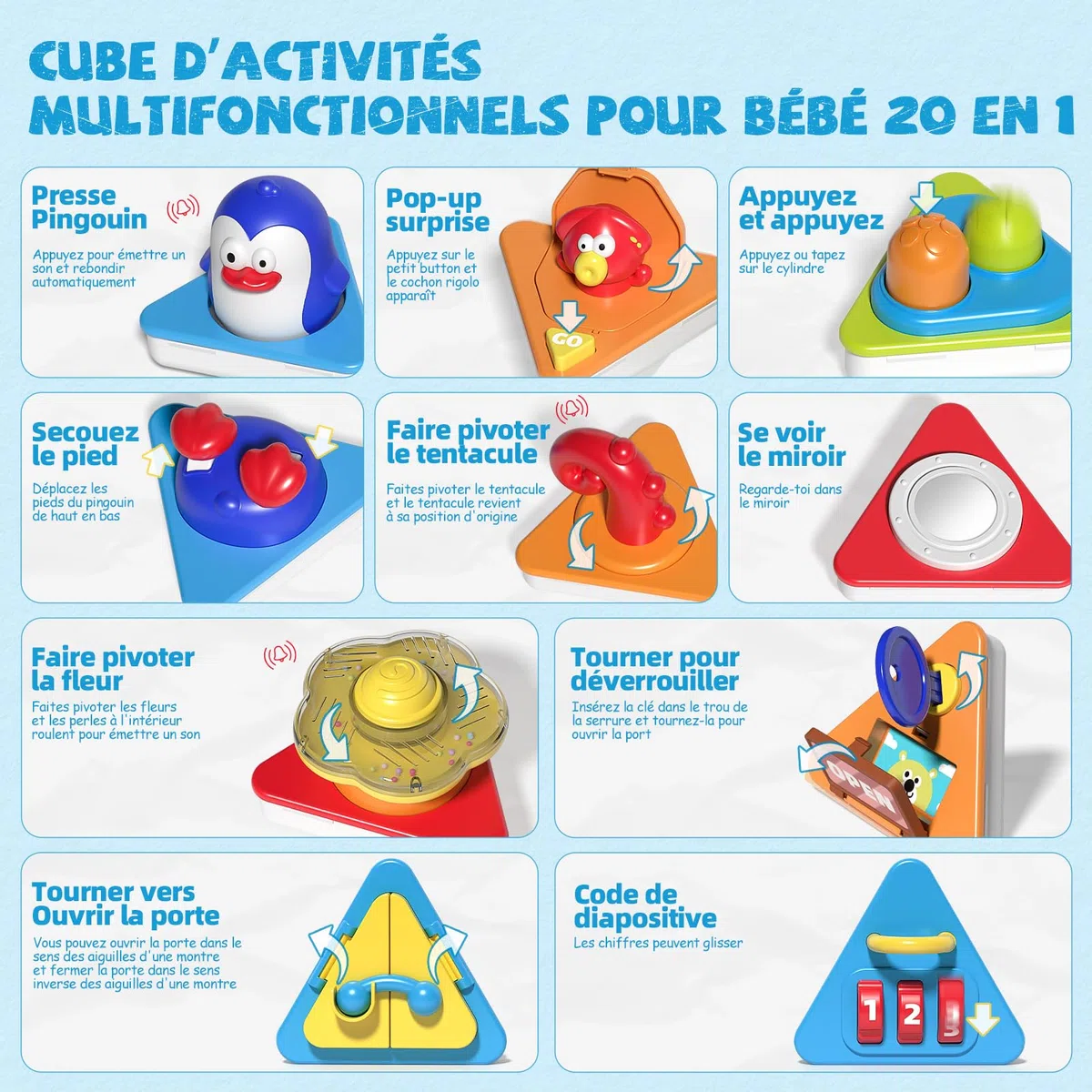 Jouet Cube d'Activité 20 en 1 Montessori Sensoriel de Voyage pour Enfants 1-3 Ans