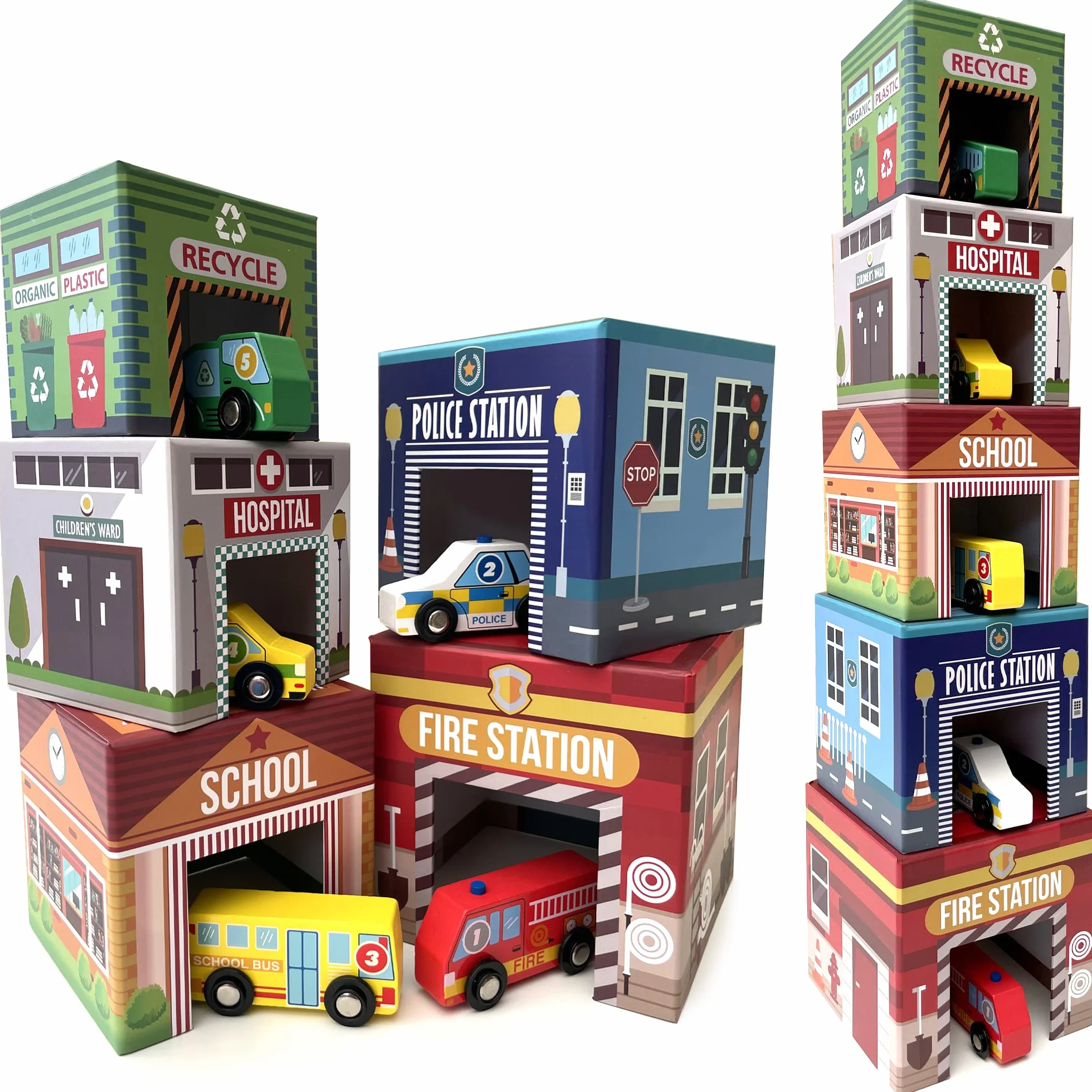 Voitures à Jouets en Bois Trier Véhicules Imbriquer Bâtiments Camion Pompier Voiture Police Ambulance Enfants Montessori 18 Mois+
