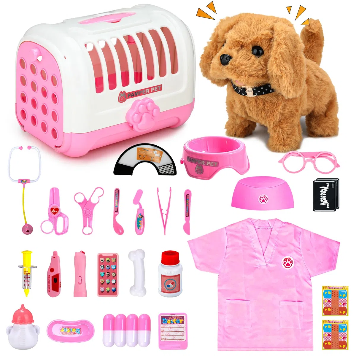 UBeesize Ensemble de 31 pièces - Mallette de médecin pour enfants avec chien électrique jouet qui marche et aboie, chien interactif avec véritable stéthoscope, thermomètre pour jouet de vétérinaire